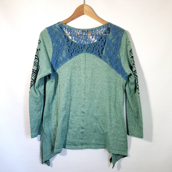 Y2K Abstract Tribal Fairy Top Asymetrical Long sleeve Shirt Green XL - Picture 2 of 5